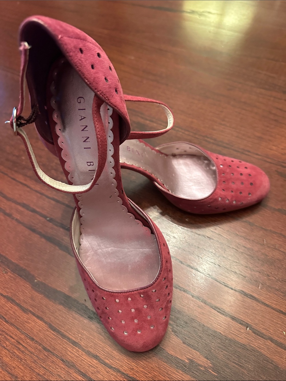Gianni Bini Burgundy Suede Perforated Ankle-Strap Heels | 8.5